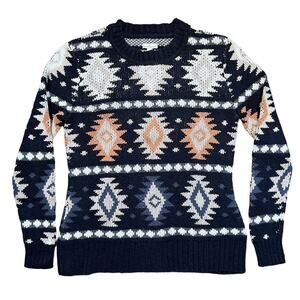 L.L. Bean Signature Navy Orange White Knit Southwestern Sweater Womens Large